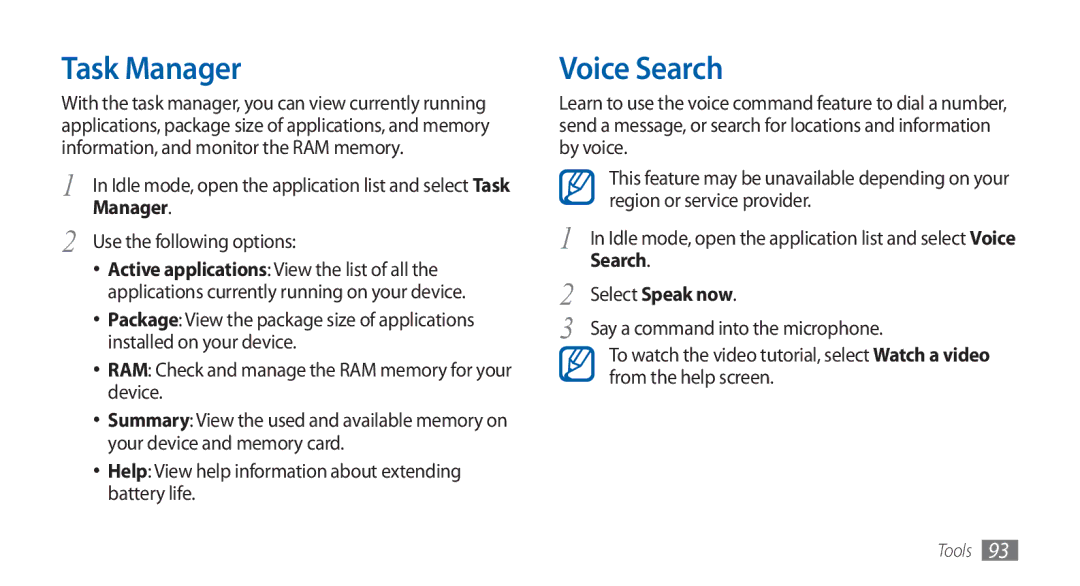 Samsung GT-S5570EGAPAK, GT-S5570AAATUR, GT-S5570AAAAFR, GT-S5570AAAEGY manual Task Manager, Voice Search, Select Speak now 