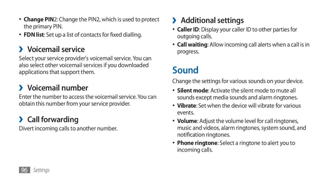 Samsung GT-S5570CWATHR manual Sound, ›› Voicemail service, ›› Voicemail number, ›› Call forwarding, ›› Additional settings 