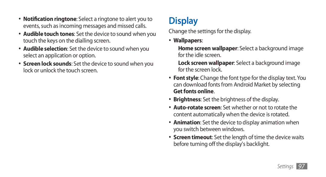 Samsung GT-S5570EGAEGY, GT-S5570AAATUR, GT-S5570AAAAFR, GT-S5570AAAEGY manual Display, Change the settings for the display 