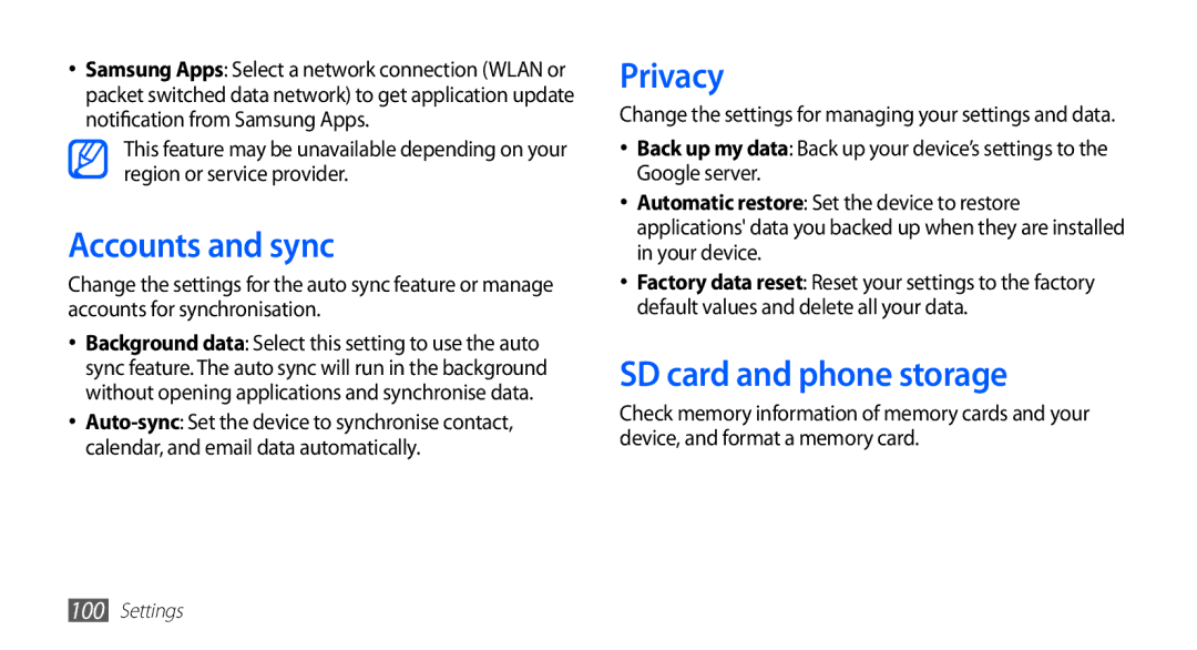 Samsung GT-S5570MAAPAK, GT-S5570AAATUR, GT-S5570AAAAFR, GT-S5570AAAEGY Accounts and sync, Privacy, SD card and phone storage 