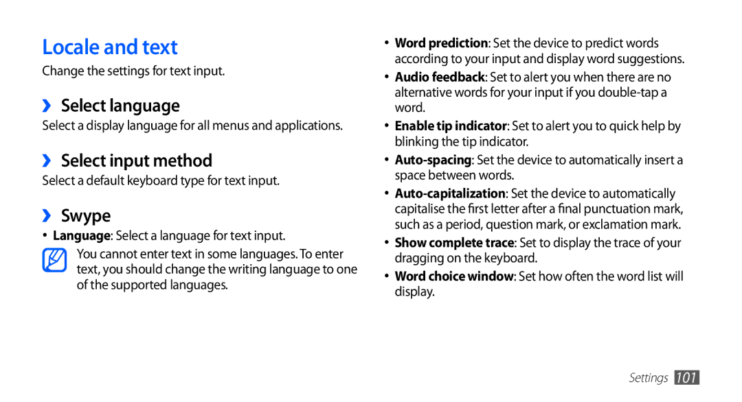 Samsung GT-S5570MOAABS, GT-S5570AAATUR manual Locale and text, ›› Select language, ›› Select input method, ›› Swype 