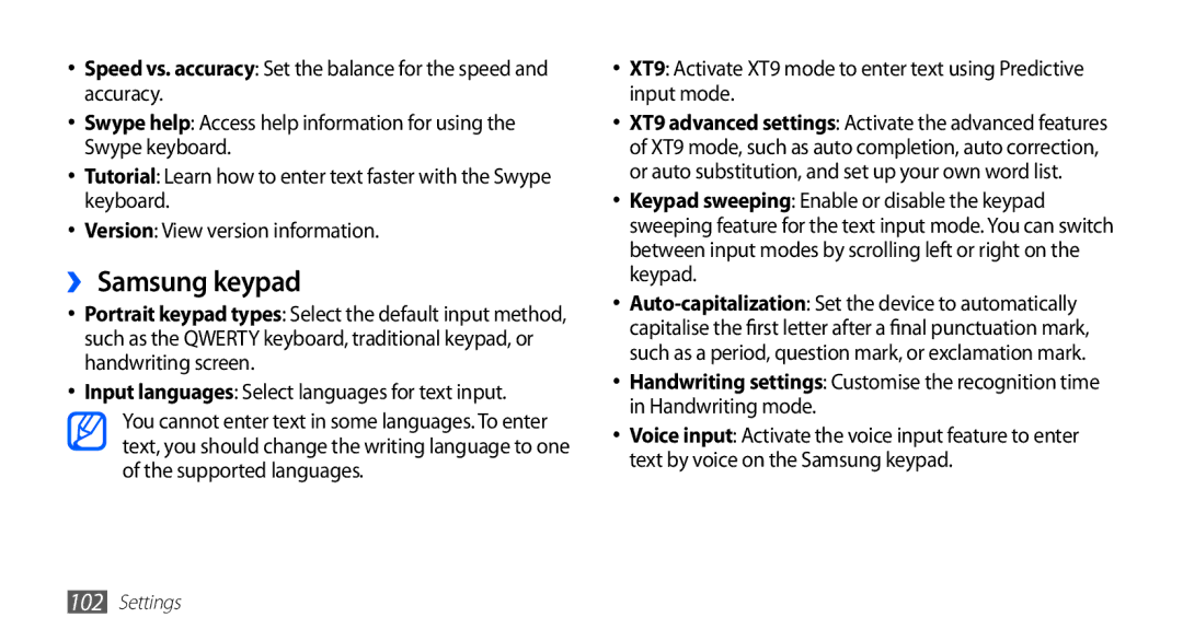 Samsung GT-S5570MOAJED, GT-S5570AAATUR, GT-S5570AAAAFR ›› Samsung keypad, Input languages Select languages for text input 