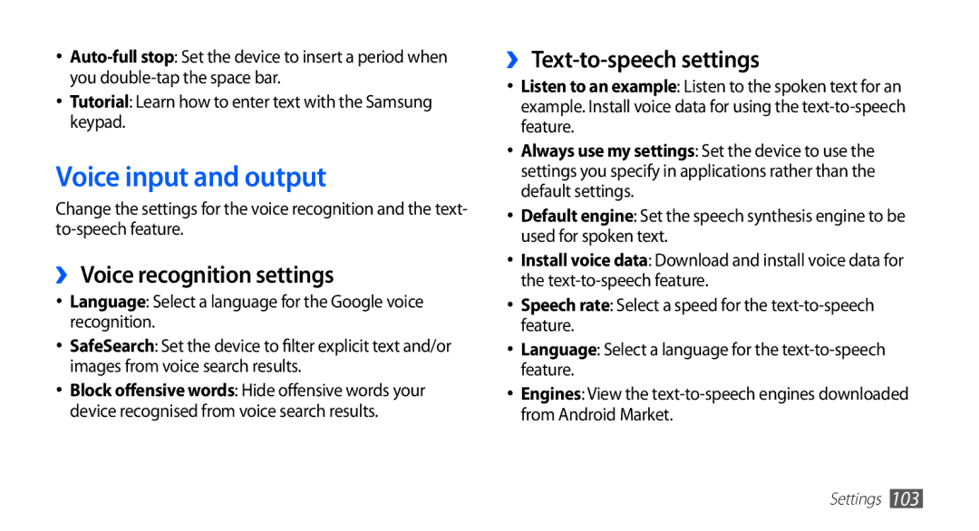 Samsung GT-S5570AAAXXV, GT-S5570AAATUR Voice input and output, ›› Voice recognition settings, ›› Text-to-speech settings 