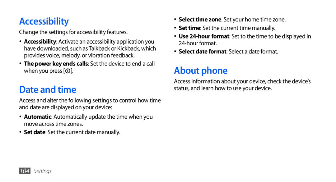 Samsung GT-S5570CWAXXV manual Accessibility, Date and time, About phone, Change the settings for accessibility features 