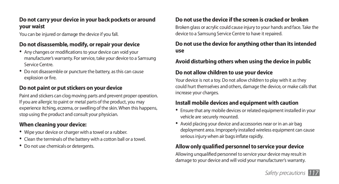 Samsung GT-S5570MOAAFR, GT-S5570AAATUR, GT-S5570AAAAFR, GT-S5570AAAEGY Do not disassemble, modify, or repair your device 