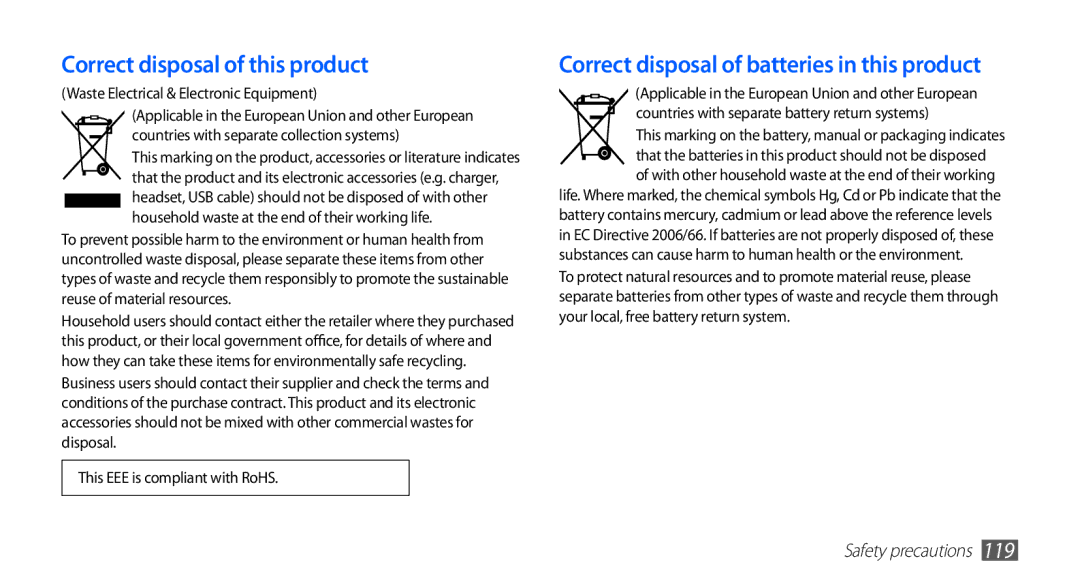 Samsung GT-S5570CWAABS, GT-S5570AAATUR Correct disposal of this product, Correct disposal of batteries in this product 