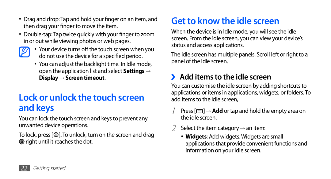 Samsung GT-S5570AAAKSA, GT-S5570AAATUR Lock or unlock the touch screen and keys, Get to know the idle screen, Idle screen 