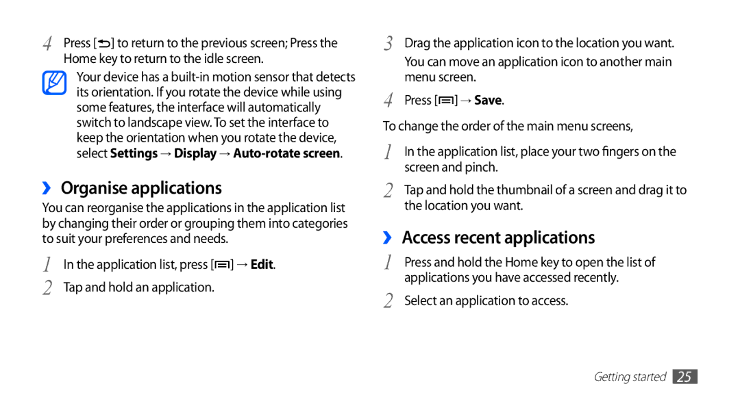 Samsung GT-S5570MOASKZ, GT-S5570AAATUR, GT-S5570AAAAFR manual ›› Organise applications, ›› Access recent applications 