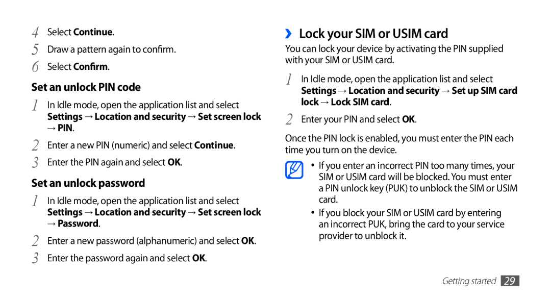 Samsung GT-S5570EGAXSG, GT-S5570AAATUR manual ›› Lock your SIM or Usim card, → Pin, → Password, Lock → Lock SIM card 