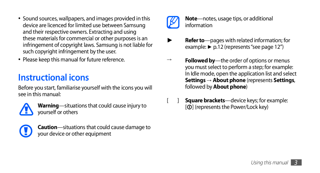 Samsung GT-S5570AAAJED, GT-S5570AAATUR, GT-S5570AAAAFR Instructional icons, Please keep this manual for future reference 