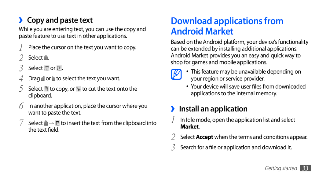 Samsung GT-S5570CWAKSA manual Download applications from Android Market, ›› Copy and paste text, ›› Install an application 