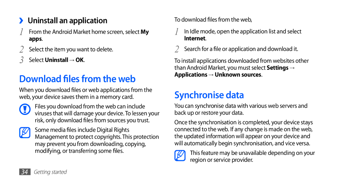 Samsung GT-S5570MAAXSG, GT-S5570AAATUR manual Download files from the web, Synchronise data, ›› Uninstall an application 