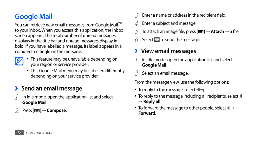 Samsung GT-S5570CWAPAK, GT-S5570AAATUR manual Google Mail, ›› Send an email message, ›› View email messages, → Reply all 