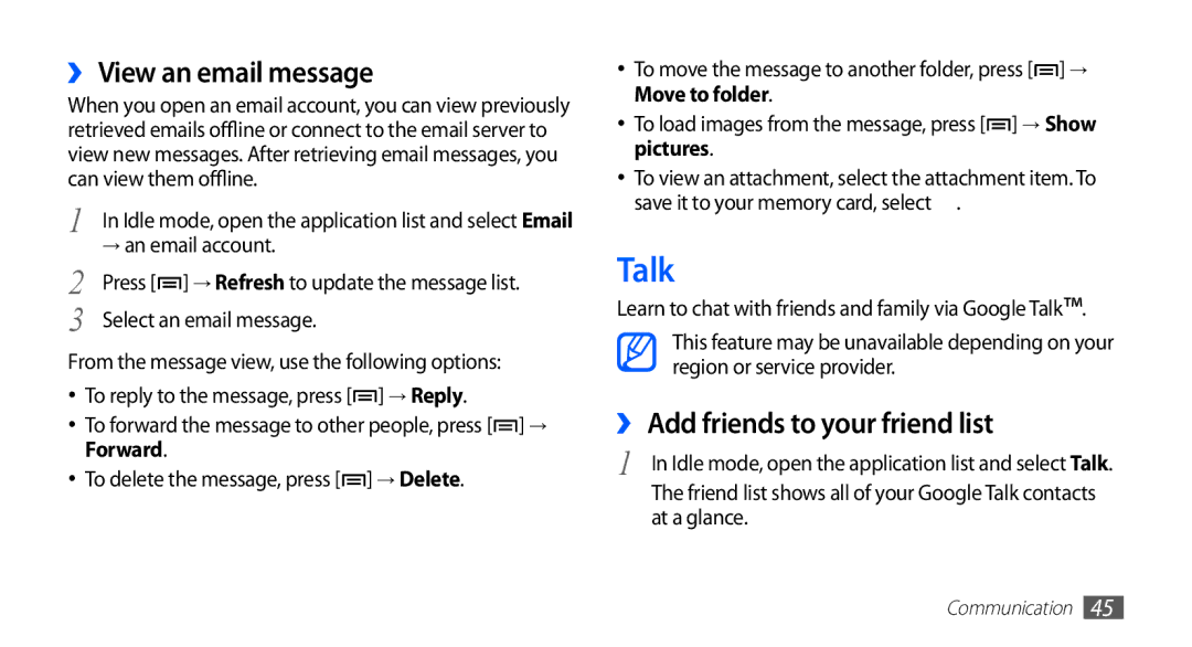 Samsung GT-S5570EGATMC manual Talk, ›› View an email message, ›› Add friends to your friend list, → an email account 