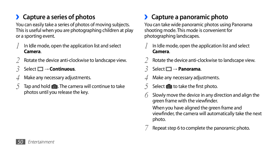 Samsung GT-S5570CWAXXV manual ›› Capture a series of photos, ›› Capture a panoramic photo, → Continuous, → Panorama 