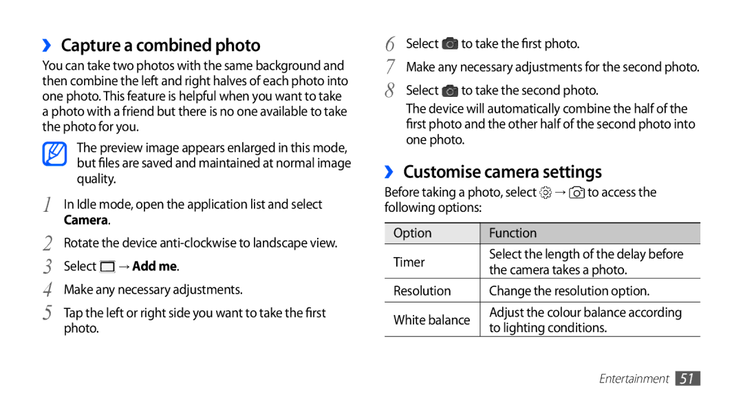 Samsung GT-S5570MOAXXV, GT-S5570AAATUR, GT-S5570AAAAFR manual ›› Capture a combined photo, ›› Customise camera settings 