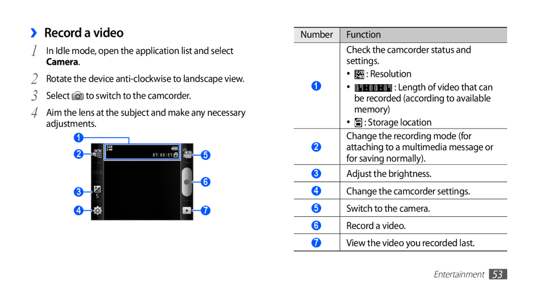 Samsung GT-S5570MAAXXV, GT-S5570AAATUR, GT-S5570AAAAFR ›› Record a video, Storage location Change the recording mode for 