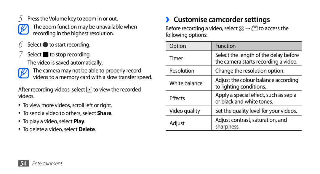 Samsung GT-S5570AAATUR, GT-S5570AAAAFR, GT-S5570AAAEGY, GT-S5570AAAJED, GT-S5570AAAMID manual ›› Customise camcorder settings 