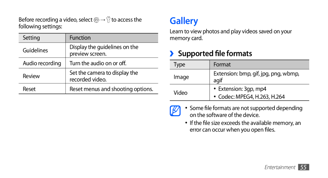 Samsung GT-S5570AAAAFR, GT-S5570AAATUR, GT-S5570AAAEGY, GT-S5570AAAJED, GT-S5570AAAMID manual Gallery, ››Supported file formats 