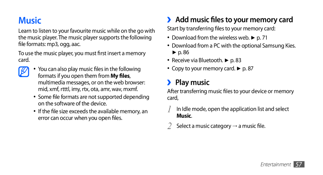 Samsung GT-S5570AAAJED, GT-S5570AAATUR, GT-S5570AAAAFR manual Music, ›› Add music files to your memory card, ›› Play music 