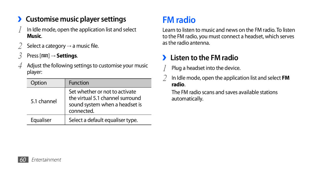 Samsung GT-S5570EGAECT, GT-S5570AAATUR manual ›› Customise music player settings, ›› Listen to the FM radio, Radio 