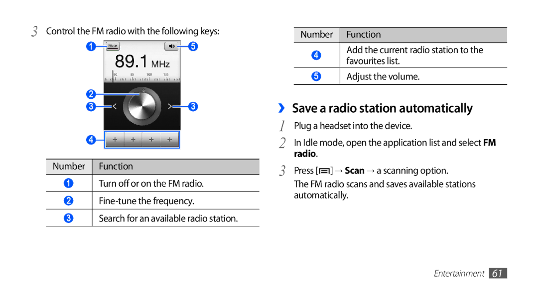 Samsung GT-S5570EGAJED ›› Save a radio station automatically, Control the FM radio with the following keys, Automatically 