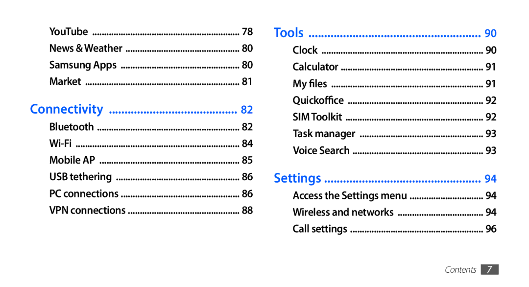 Samsung GT-S5570EGAJED, GT-S5570AAATUR, GT-S5570AAAAFR, GT-S5570AAAEGY, GT-S5570AAAJED manual Connectivity, Tools, Settings 