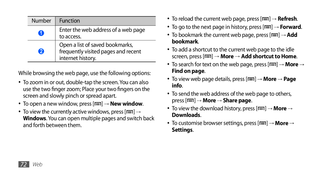 Samsung GT-S5570AAAPAK, GT-S5570AAATUR, GT-S5570AAAAFR manual To bookmark the current web page, press → Add bookmark 