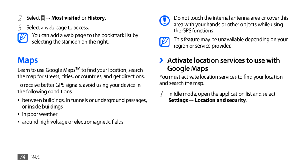 Samsung GT-S5570MOAKSA manual ›› Activate location services to use with Google Maps, Select a web page to access 