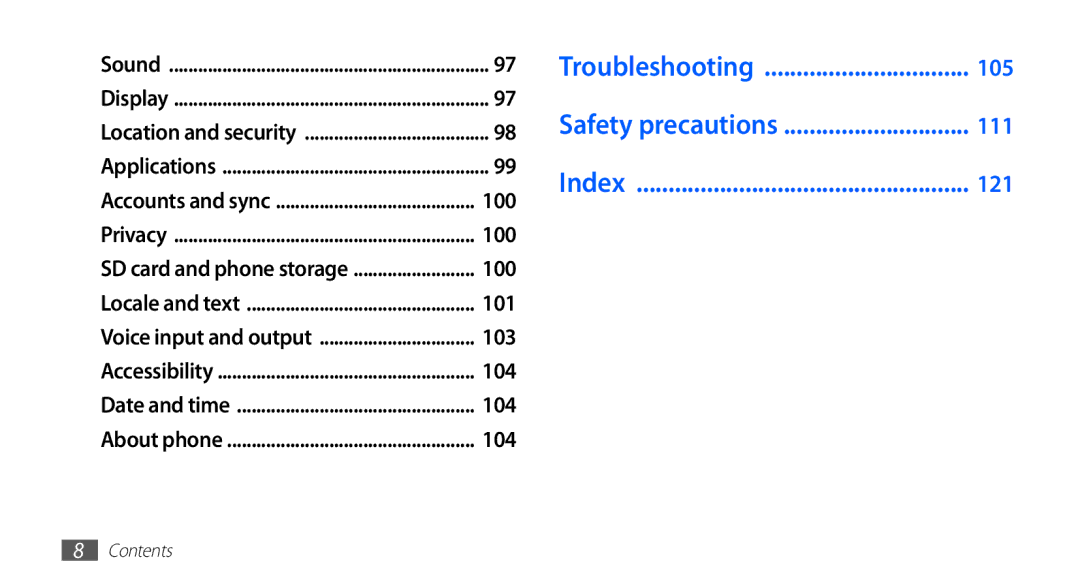 Samsung GT-S5570MAAMID, GT-S5570AAATUR, GT-S5570AAAAFR, GT-S5570AAAEGY manual Troubleshooting, Safety precautions, Index 