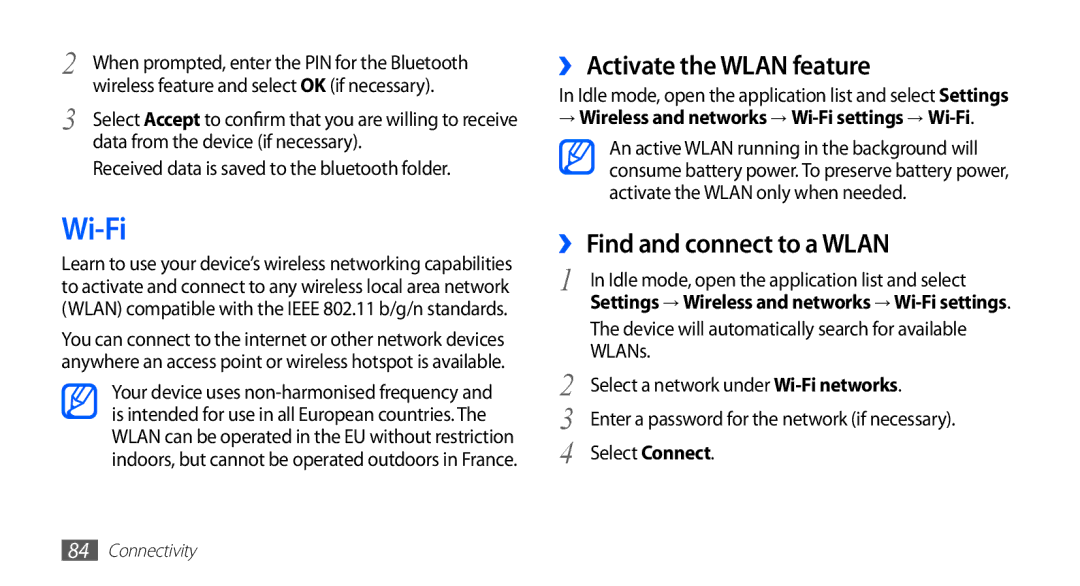 Samsung GT-S5570EGAAFR, GT-S5570AAATUR, GT-S5570AAAAFR Wi-Fi, ›› Activate the Wlan feature, ›› Find and connect to a Wlan 