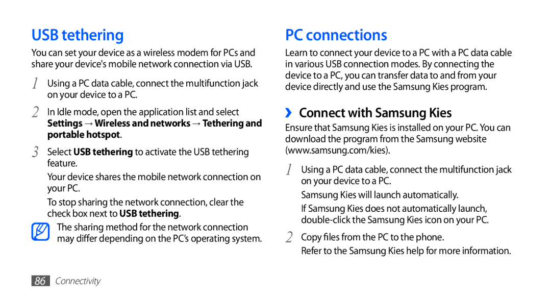 Samsung GT-S5570AAATHR, GT-S5570AAATUR USB tethering, PC connections, ›› Connect with Samsung Kies, On your device to a PC 