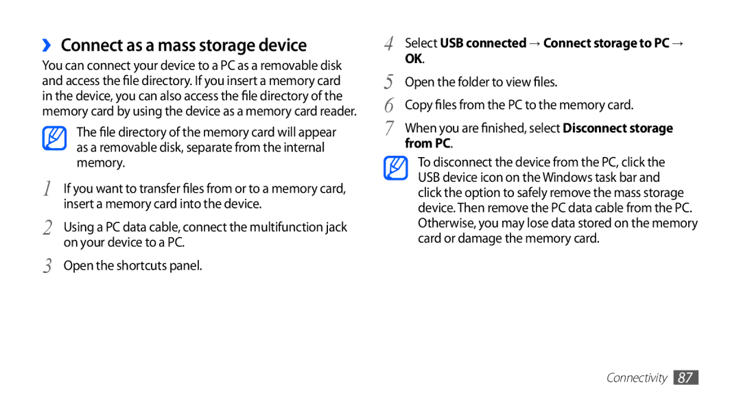 Samsung GT-S5570CWAKSA, GT-S5570AAATUR ›› Connect as a mass storage device, Memory, Insert a memory card into the device 