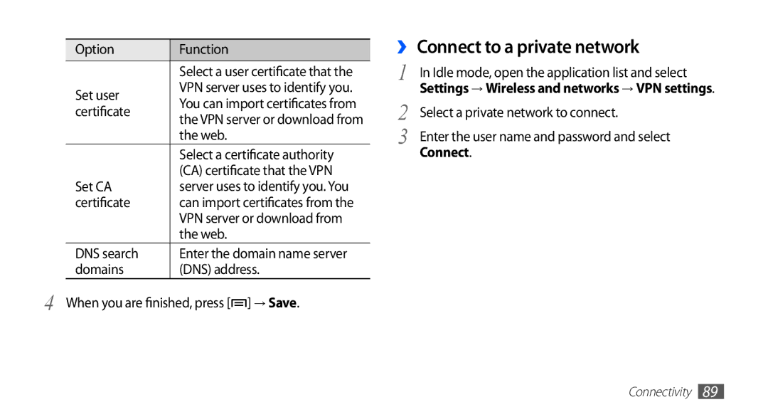 Samsung GT-S5570EGASKZ, GT-S5570AAATUR, GT-S5570AAAAFR ›› Connect to a private network, Select a private network to connect 