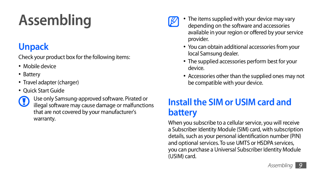 Samsung GT-S5570MOAAFR, GT-S5570AAATUR, GT-S5570AAAAFR manual Assembling, Unpack, Install the SIM or Usim card and battery 