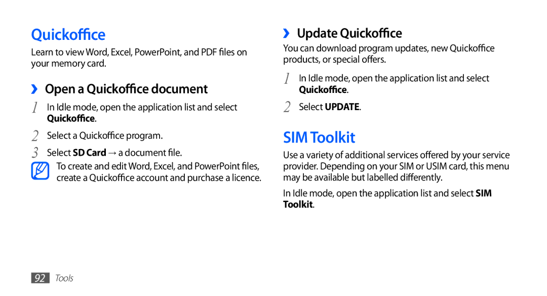 Samsung GT-S5570CWAECT, GT-S5570AAATUR manual SIM Toolkit, ›› Open a Quickoffice document, ›› Update Quickoffice 