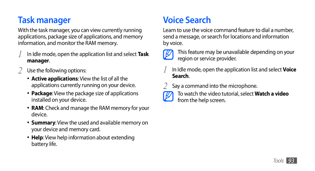 Samsung GT-S5570CWAMID, GT-S5570AAATUR, GT-S5570AAAAFR, GT-S5570AAAEGY, GT-S5570AAAJED Task manager, Voice Search, Manager 