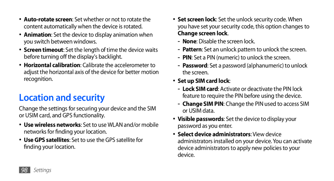 Samsung GT-S5570EGAEGY, GT-S5570AAATUR, GT-S5570AAAAFR, GT-S5570AAAEGY manual Location and security, Set up SIM card lock 