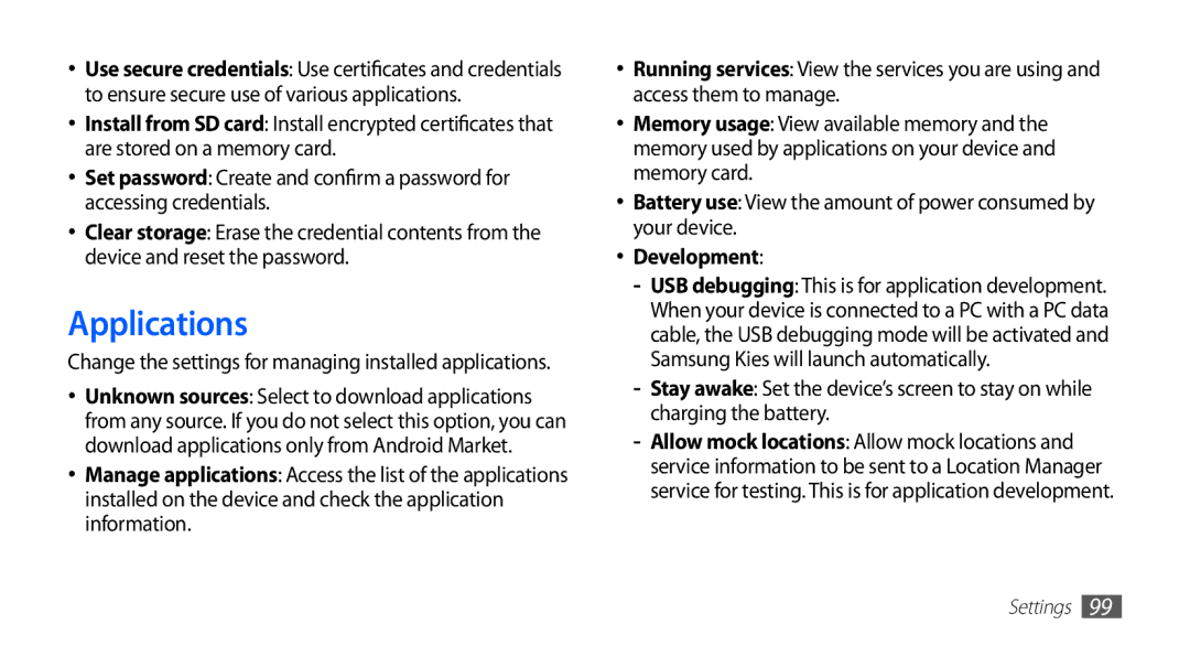 Samsung GT-S5570EGATMC, GT-S5570AAATUR, GT-S5570AAAAFR, GT-S5570AAAEGY, GT-S5570AAAJED manual Applications, Development 