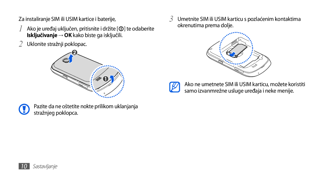 Samsung GT-S5570EGAVIP, GT-S5570AAAVIP, GT-S5570AAATWO manual Te odaberite Okrenutima prema dolje, Uklonite stražnji poklopac 