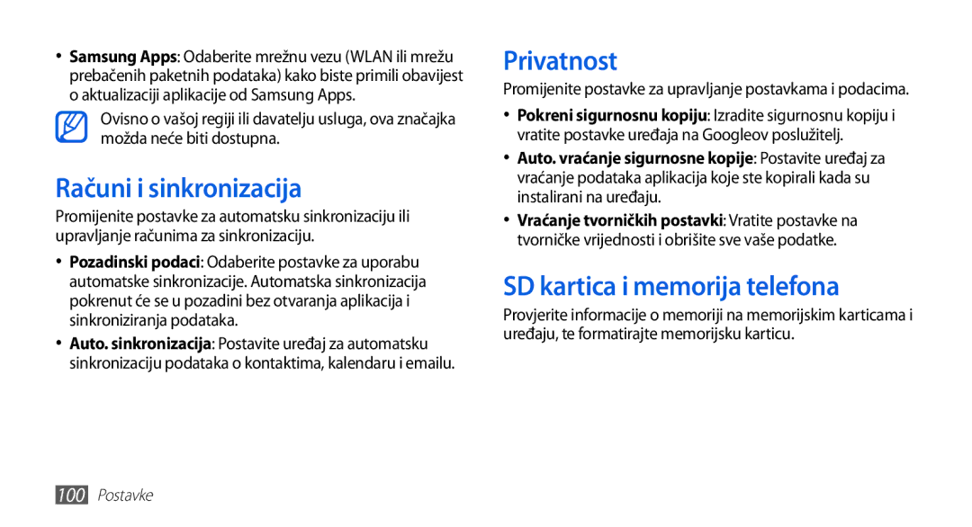 Samsung GT-S5570EGAVIP, GT-S5570AAAVIP, GT-S5570AAATWO Računi i sinkronizacija, Privatnost, SD kartica i memorija telefona 