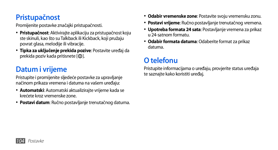 Samsung GT-S5570CWACRG manual Pristupačnost, Datum i vrijeme, Telefonu, Promijenite postavke značajki pristupačnosti 