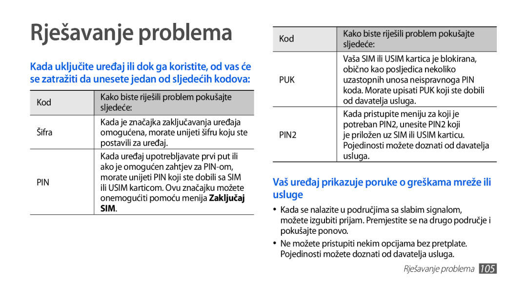 Samsung GT-S5570AAAVIP, GT-S5570AAATWO manual Rješavanje problema, Vaš uređaj prikazuje poruke o greškama mreže ili usluge 