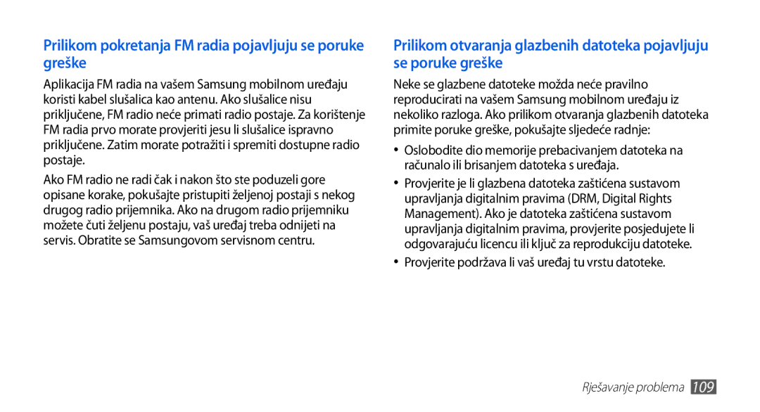 Samsung GT-S5570EGATRA, GT-S5570AAAVIP, GT-S5570AAATWO manual Prilikom pokretanja FM radia pojavljuju se poruke greške 