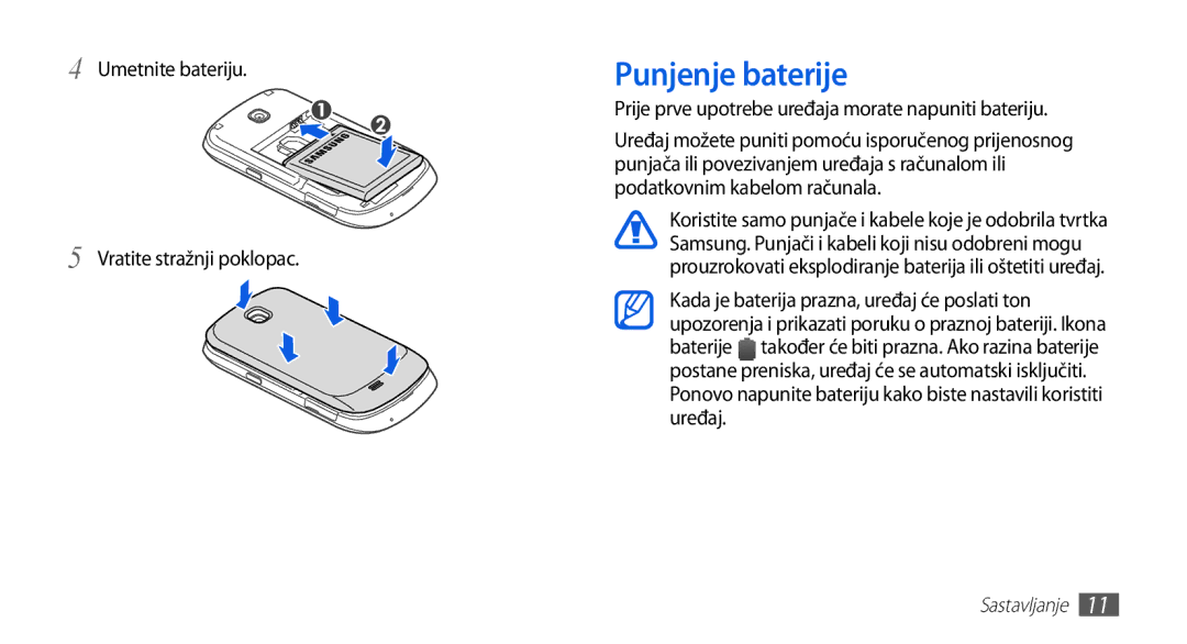 Samsung GT-S5570MAABON, GT-S5570AAAVIP, GT-S5570AAATWO manual Punjenje baterije, Umetnite bateriju Vratite stražnji poklopac 