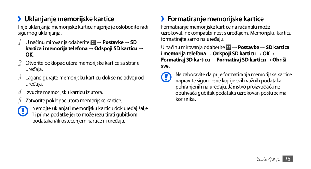 Samsung GT-S5570AAAVIP, GT-S5570AAATWO manual ››Uklanjanje memorijske kartice, ››Formatiranje memorijske kartice, Uređaja 