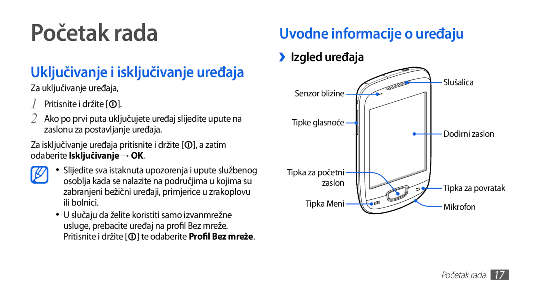 Samsung GT-S5570CWAVIP Početak rada, Uključivanje i isključivanje uređaja, Uvodne informacije o uređaju, ››Izgled uređaja 