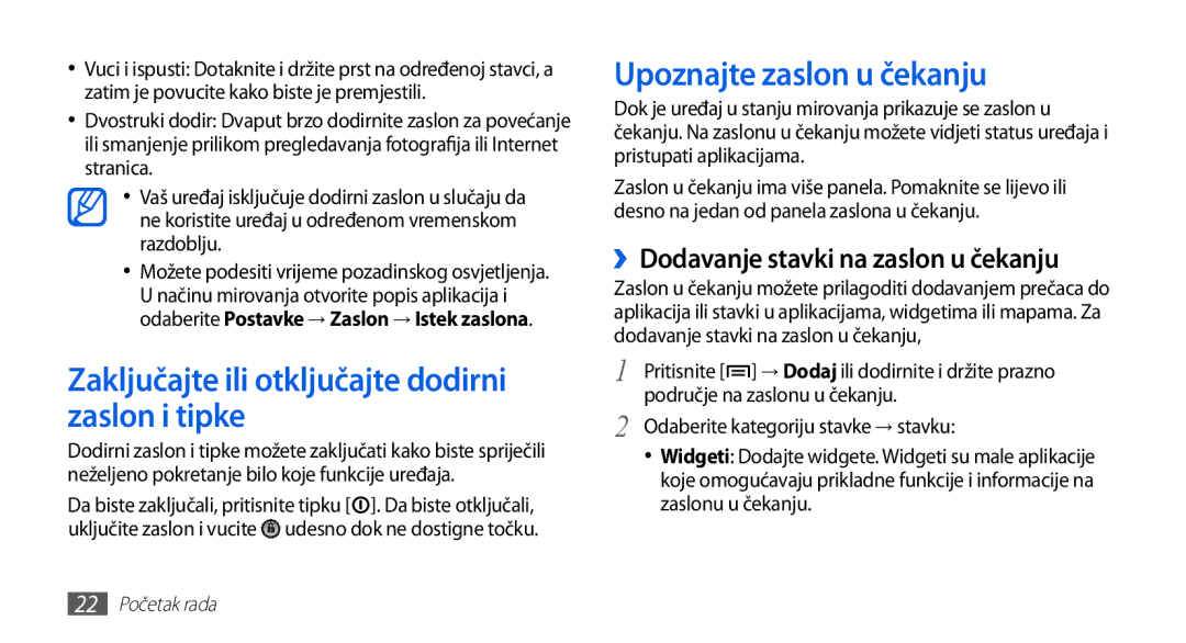 Samsung GT-S5570EGACRG, GT-S5570AAAVIP manual Zaključajte ili otključajte dodirni zaslon i tipke, Upoznajte zaslon u čekanju 