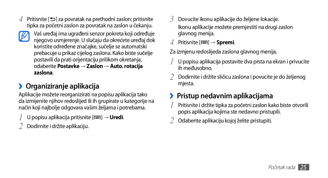 Samsung GT-S5570EGAVIP, GT-S5570AAAVIP, GT-S5570AAATWO ››Organiziranje aplikacija, ››Pristup nedavnim aplikacijama, Zaslona 