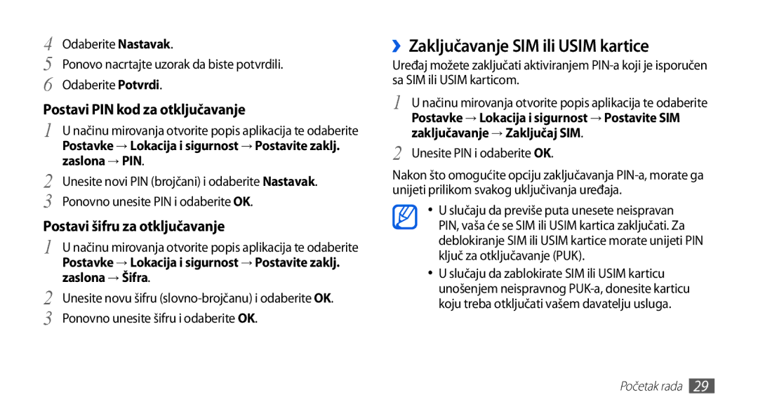 Samsung GT-S5570CWACRG, GT-S5570AAAVIP manual ››Zaključavanje SIM ili Usim kartice, Postavi PIN kod za otključavanje 